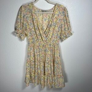 Inspired Hearts Floral Tea Party Mini Dress Yellow Blue Pink Tiered Ruffles Sz L